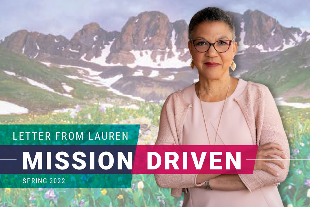 Letter from Lauren over Mission Driven: Spring 2022 with image of Lauren Y. Casteel wearing pink and crossing her arms.