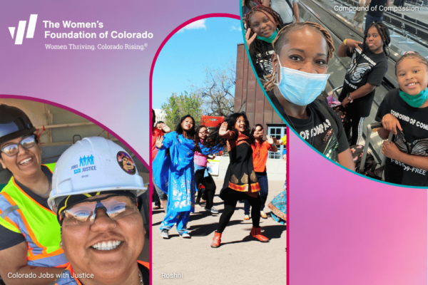 Collage of people wearing construction gear, people dancing in colorful clothing, and a group of girls smiling at an airport