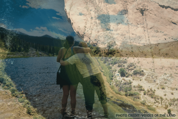 A photo of two people standing in a lake and hugging, overlaid with a photo of the eastern plains