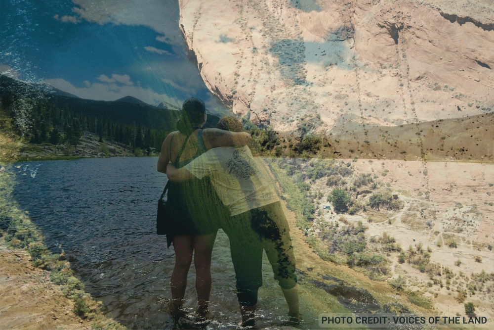 A photo of two people standing in a lake and hugging, overlaid with a photo of the eastern plains