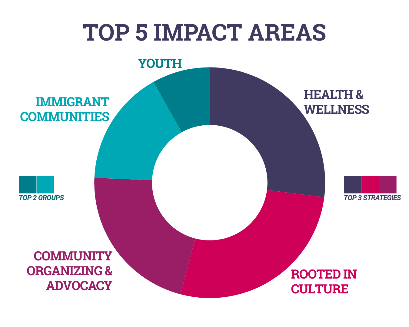 colorful pie chart highlighting the top 5 impact areas for the 2026 women & girls of color fund rural grantees: health & wellness, rooted in culture, community organizing & advocacy, immigrant communities, and youth