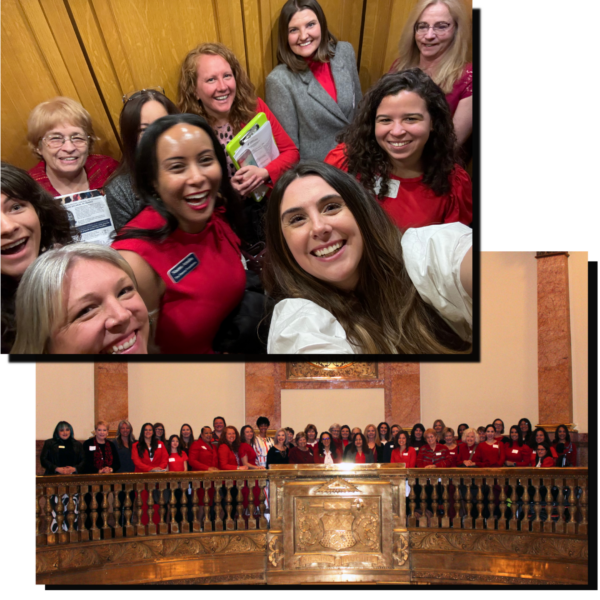Two collaged group photos of 2024 Advocacy Day participants wearing shades of red. 