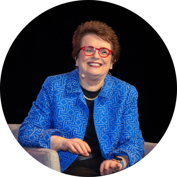 Billy Jean King smiles onstage at 2018 Annual Luncheon