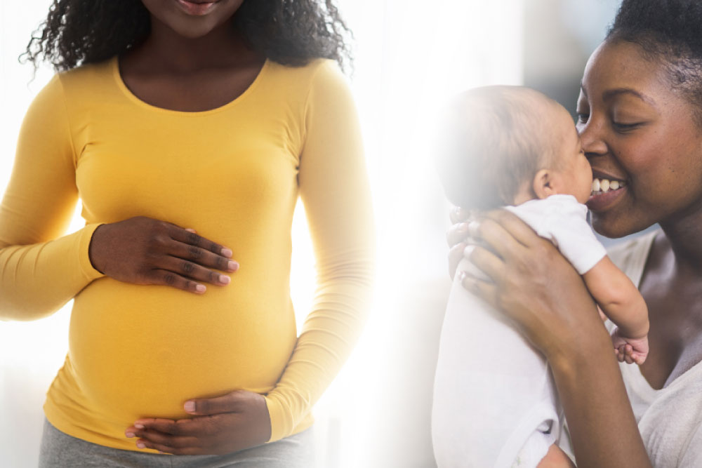 Two Black women - one holding her pregnant belly and another holding her newborn baby.