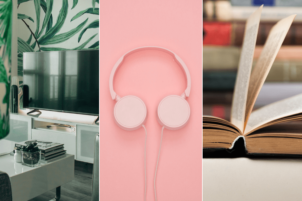 headphones, book, TV