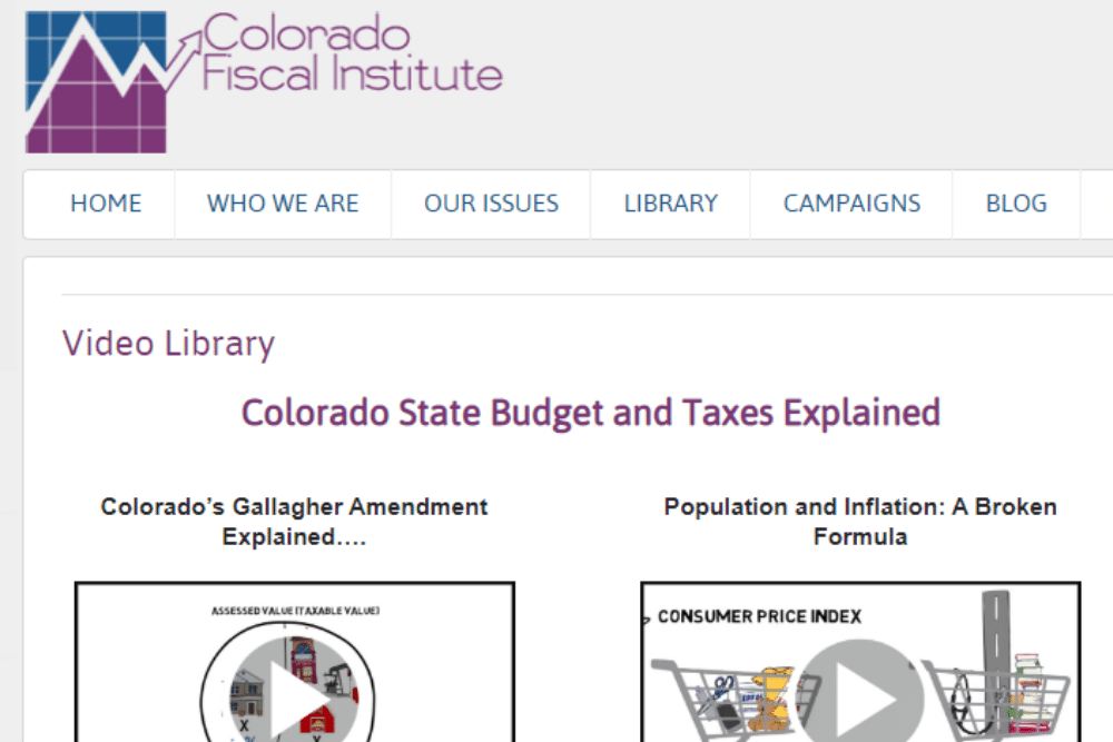 A web page from the Colorado Fiscal Institute that shows two videos