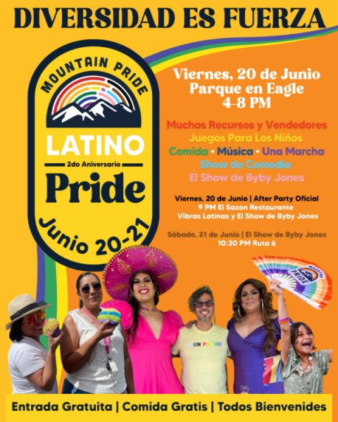 An orange and yellow Latino Pride promotional poster.