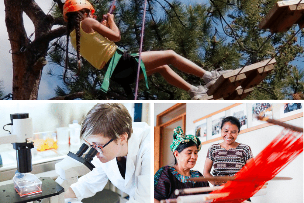 Three photos that represent a woman in nature, a female scientist, and a woman learning to weave.