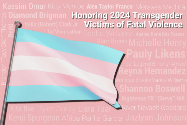 A transgender flag surrounded by the names of 2024 trans victims of fatal violence