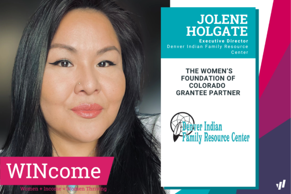 A photo of a woman smiling, next to the name Jolene Holgate and Denver Indian Family Resource Center