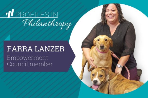 image of a woman with two dogs and the words Farra Lanzer, Empowerment Council member