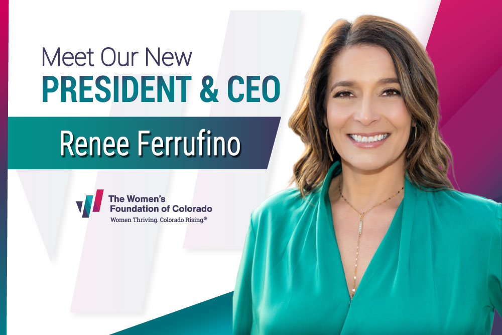 An image of a woman in a green blouse smiling next to the words Meet Our New President & CEO Renee Ferrufino.