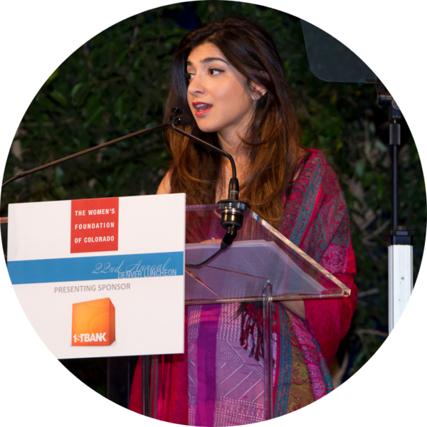 Shiza Shahid speaks onstage at 2014 Annual Luncheon