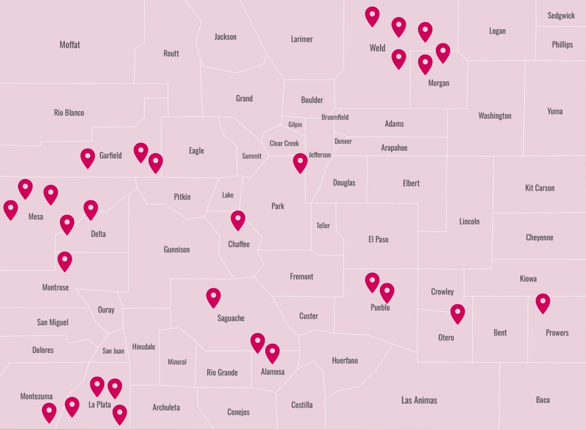 Map of Colorado counties with pins where 2026 rural Women & Girls of Color Fund grantee partners are headquartered