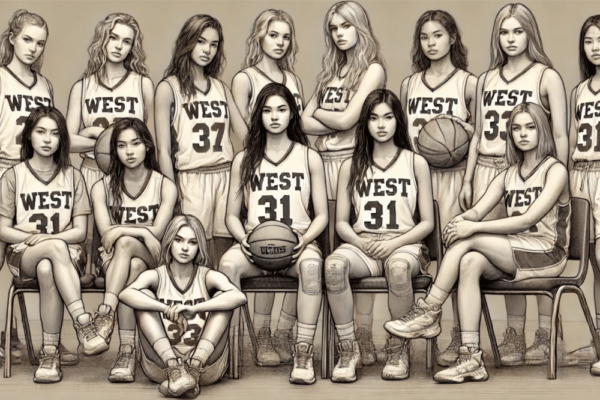 A sketch of a women's basketball team made up of Indigenous girls.