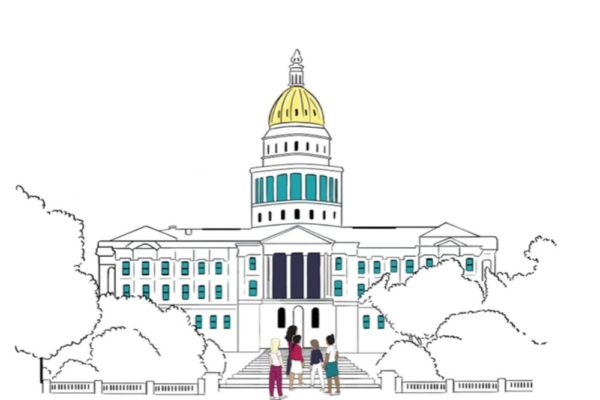 drawing of capitol building with diverse women on the steps