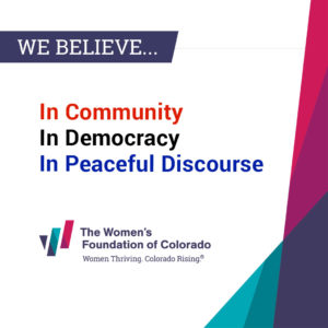 We Believe in Community, Democracy, and in Peaceful Discourse graphic