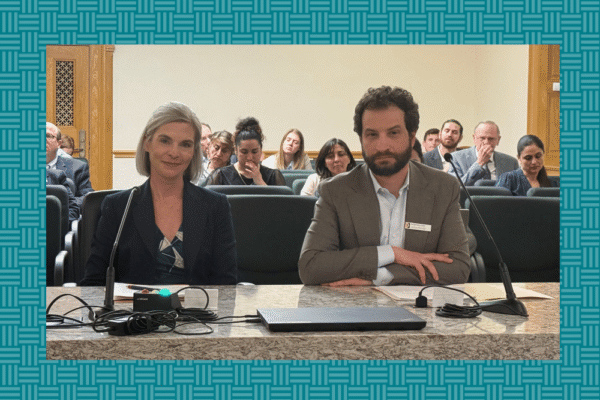 Louise Myrland with WFCO and Joshua Mantell with Bell Policy Center testify at the Capitol.