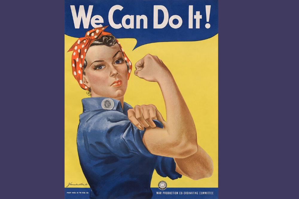 An image of Rosie the Riveteer, a woman flexing her arm with the words "we can do it" above her